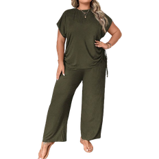 Shein M - Women Jumpsuits & Overalls Shein LUNE Plus Size Women's Round Neck Short Sleeve Top With Side Drawstring And Pants Two Piece Set