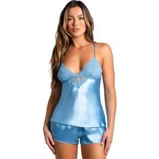 Blue - Women Sleepwear California Dynasty Women's Two Piece Satin Camisole Top and Shorts Set, Blue