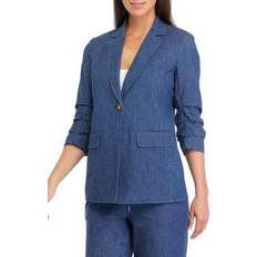 Women - XXL Blazers Anne Klein Women's Denim Ruched-Sleeve Blazer Dark Wash