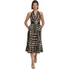 Polyester Dresses Donna Karan Women's Printed Belted A-Line Dress Black Canvas