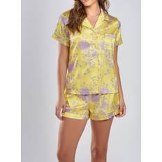 Women - Yellow Pajamas iCollection Women's Porsha Print Notched Short Sleeve & Shorts Set, Yellow-Purple