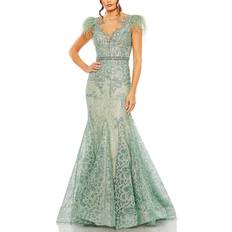 Mac Duggal Tops Mac Duggal Women's Embellished Feather Cap Sleeve Illusion Neck Trump Sage