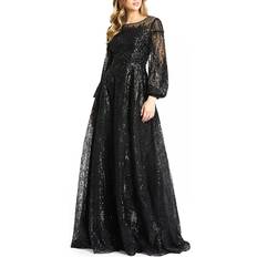 Clothing Mac Duggal Jewel Encrusted Illusion Long Sleeve Line Gown Black