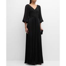 Black - Men Dresses V-Neck Puff-Sleeve Pleated Chiffon Gown BLACK