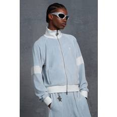 Blue - Men Blouses boohooMAN Mens Funnel Neck Cropped Velour Track Top Blue