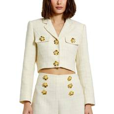 Mac Duggal White Outerwear Mac Duggal Cropped Tweed Floral Button Jacket Cream