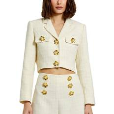 Mac Duggal White Jackets Mac Duggal Cropped Tweed Floral Button Jacket Cream