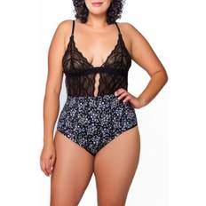 Lingerie Sets iCollection Plus Jasmine Lace and Printed Spandex Teddy Navy, Black Navy/Black 3X