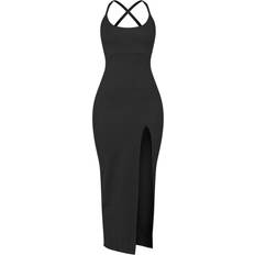 PrettyLittleThing Midi Dresses PrettyLittleThing Soft Rib Cut Out Tie Back Midaxi Dress - Black