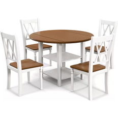 Round white dining table set Costway Round Kitchen Drop Walnut/White Dining Set 42.5" 5pcs