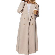 PrettyLittleThing Polyester Coats PrettyLittleThing Textured Wool Look Double Breasted Grandad Coat - Stone