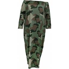 Shein Green Camouflage Printed Off Shoulder Plus Size Women's Fashionable Casual Long-Sleeved Dress