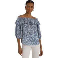 White Blouses Lauren Ralph Lauren Women's Cotton Ruffled Off-The-Shoulder Blouse Blue