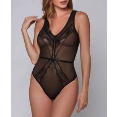 Lingerie Sets iCollection Gaia Plus Mesh and Lace Non Support Sheer Teddy with Wide Keyhole Back Black 2X