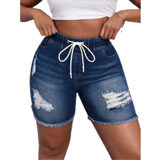 Shein Women Pants & Shorts Shein Sxy Plus Size Distressed Drawstring Denim Shorts Suitable For Daily Wear