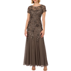 Dresses Adrianna Papell Hand Beaded Short Sleeve Floral Godet Gown - Lead