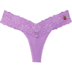 PINK Wink Lace Trim Thong Panty - Violet with Cherry Embroidery