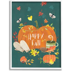 Stupell Happy Fall Greeting Plump Orange Pumpkin Festive Moths White Framed Art 11x14"
