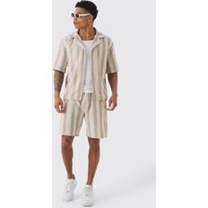 Linen - Men Underwear boohooMAN Mens Oversized Revere Linen Look Stripe Shirt & Short Set Beige