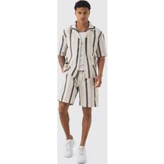Linen - Men Underwear boohooMAN Mens Oversized Revere Linen Look Stripe Shirt & Short Set Beige