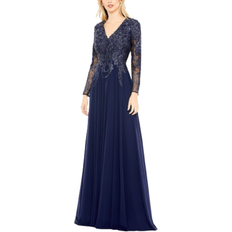 Mac Duggal Embellished Illusion V Neck Long Sleeve Gown - Navy