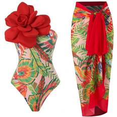 Shein New Arrival Tropical Print Plus Size 3D Flower Monokini With Cover Up Set, Hot Spring Swimwear. Skirt Is Free Size