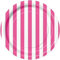 Unique Party Disposable Plates Striped White/Pink 8-pack