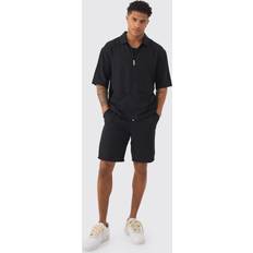 Linen - Men Sleepwear boohooMAN Mens Oversized Linen Deep Pocket Shirt & Short Set Black