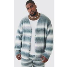 Men - XXL Cardigans boohooMAN Mens Plus Boxy Fit Knitted Brushed Stripe Cardigan Grey