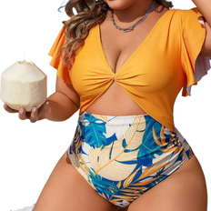 Shein Swim Vcay Summer Beach Plus Size Women's One-Piece Swimsuit With Twist Knot Butterfly Sleeves