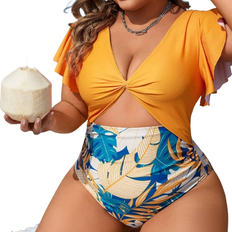 Polyester - Women Swimwear Shein Swim Vcay Summer Beach Plus Size Women's One-Piece Swimsuit With Twist Knot Butterfly Sleeves