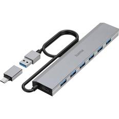 USB-Hubs Hama USB hub, 7 ports, USB 3.2 Gen1, 5 Gbit/s, incl. USB-C adapter and power supply