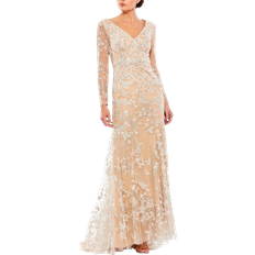 Mac Duggal L Dresses Mac Duggal Embroidered V Neck Long Sleeve Trumpet Gown - Ivory Nude