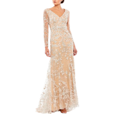 Mac Duggal Clothing Mac Duggal Embroidered V Neck Long Sleeve Trumpet Gown - Ivory Nude