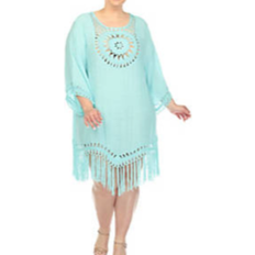 Polyester - Women Swimsuit Cover-Ups & Sarong Wraps White Mark Crocheted Fringed Trim Dress Cover Up Plus Size - Mint