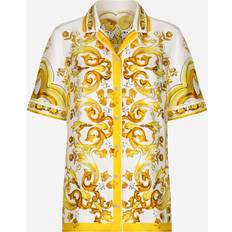 Women - Yellow Shirts Dolce & Gabbana Short-sleeved Silk Twill Shirt With Majolica Print Woman Shirts And Tops Print