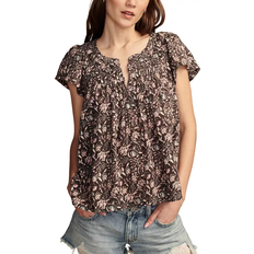 Cotton - Women Blouses Lucky Brand Wide Smocked Flutter Sleeve Top - Raven Multi