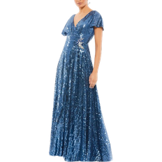 Mac Duggal Sequined Butterfly Sleeve Wrap Over A Line Gown - Fusion Blue