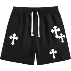Shein Polyester Shorts Shein Manfinity EMRG Men's Casual Loose Cross Print Shorts With Drawstring Waist, Summer