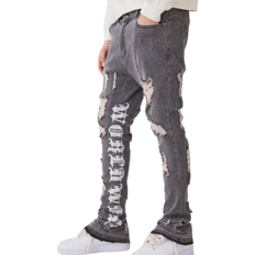 boohooMAN Stacked Distressed Embroidered Gusset Jeans - Washed Black