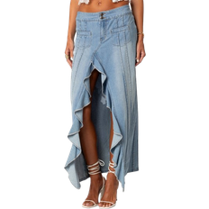 Cotton - Women Skirts Edikted Valencia Ruffle Slitted Denim Maxi Skirt - Blue