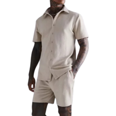Men Jumpsuits & Overalls boohooMAN Herringbone Shirt And Short Set - Stone