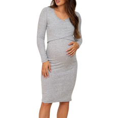 Pink Blush Brushed Knit Long Sleeve Maternity Wrap Nursing Dress Heather Grey