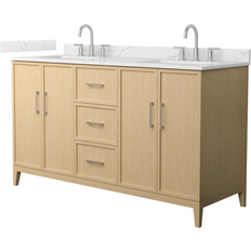 White Oak Vanity Units for Double Basins Wyndham Collection Elan 60-inch Double Vanity, 3 Hole Quartz Top