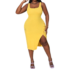 Shein Slayr Plus Size Elegant Bodycon Ribbed Midi Dress With Front Slit, Button Detail And Knee Length