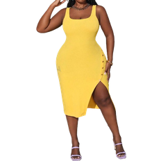 Shein L Clothing Shein Slayr Plus Size Elegant Bodycon Ribbed Midi Dress With Front Slit, Button Detail And Knee Length