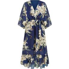 Yumi Floral Kimono Sleeves Dip Hem Wrap Midi Dress - Navy