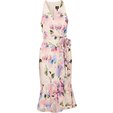 Adrianna Papell Floral Printed Chiffon Halter Dress with Self Tie Waist - Ivory Pink Multi