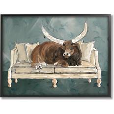 Stupell Longhorn Bull Laying Living Room Couch Green Gray Black Framed Art 30x24"