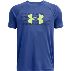 Under Armour Boy's UA Tech Wordmark Logo Short Sleeve - Tech Blue/Midnight Navy/Morph Green